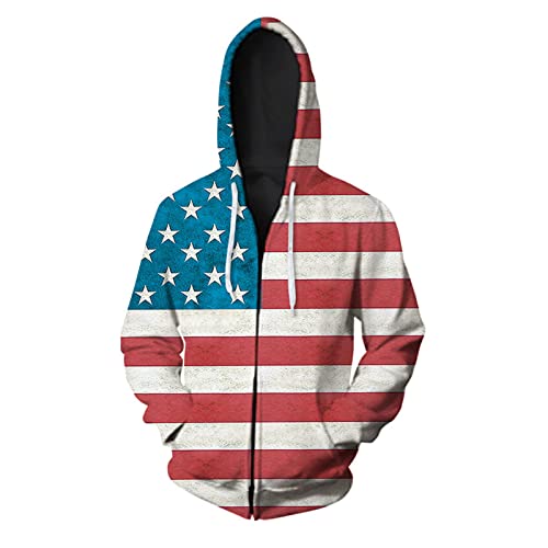 keepmore Herren Sweatshirt mit Reißverschluss Retro USA Stars and Stripes Faded Flag Pattern Zipper Hoodies American Flag Pullover mit Taschen von keepmore