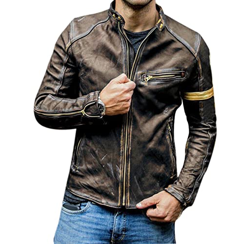 keepmore Herren Vintage Cafe Racer Distressed Biker Schwarze Lederjacke mit gelben Streifen von keepmore
