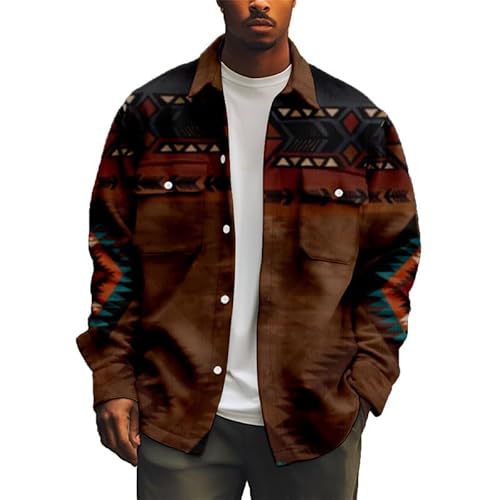 keepmore Herren Vintage Hemd Lässige langärmelige Western Aztec Button Down Hemden Mode Afrikanischer Ethnischer Stil Cord Jacke Hemd mit Klappe Brusttasche von keepmore
