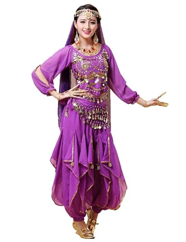 keepmore Indischer Bauchtanz Kostüm Set Chiffon Pailletten Langarm Oberteile + Haremshosen Frauen Bollywood Bauchtanz Outfit Festival Performance Kleidung 4PCS von keepmore