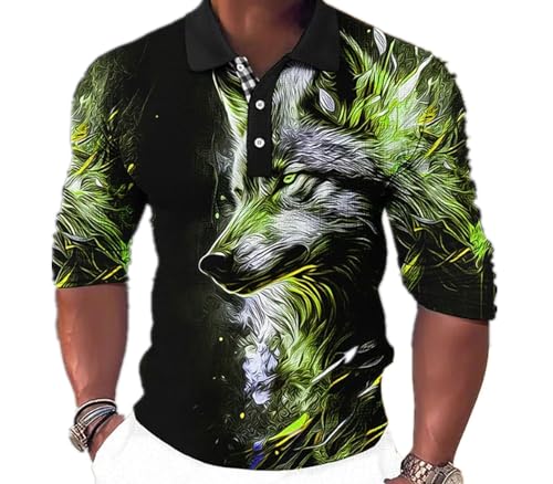 keepmore Männer Langarm-Poloshirt Tierisches Wolfsmuster Reverskragen Sweatshirt mit halber Knopfleiste Casual Business Pullover Tops von keepmore