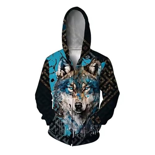 keepmore Männer Zip Up Kapuzen-Sweatshirt Retro Tier Wolf 3D gedruckt Full Zip Hoodie Unisex Langarm Strickjacke mit Reißverschluss Mäntel von keepmore