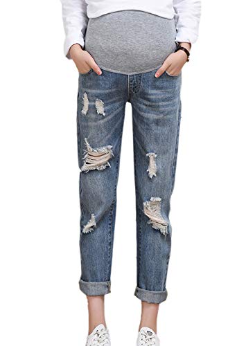 keepmore Umstandsjeans Haremshose für Schwangere Frau Beiläufig Lose Abdominal Schwangerschaft Jeans Hose mit zerrissenem Loch Umstandsmode von keepmore