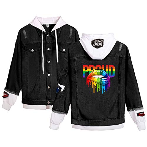 keepmore Unisex Lässig Langarm Jeansjacke mit Kapuze LGBT Homosexuell Stolz Regenbogen Lesben Gefälschte Zwei Jacke Love is Love Pride Month von keepmore