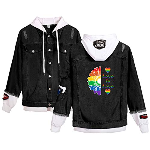 keepmore Unisex Lässig Langarm Jeansjacke mit Kapuze LGBT Homosexuell Stolz Regenbogen Lesben Gefälschte Zwei Jacke Love is Love Pride Month von keepmore