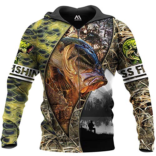 keepmore Unisex Lure Fishing Bedrucktes Reißverschluss-Sweatshirt Schnelltrocknendes Zander-Bass-Angelmuster Lässiger Hoodie von keepmore