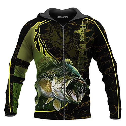 keepmore Unisex Lure Fishing Bedrucktes Reißverschluss-Sweatshirt Schnelltrocknendes Zander-Bass-Angelmuster Lässiger Hoodie von keepmore