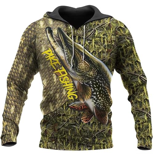keepmore Vintage Tiefseefischen 3D gedruckt Hoodie für Männer Langarm übergroßen lässigen Pullover Hecht Fischen Sweatshirt mit Kapuze von keepmore