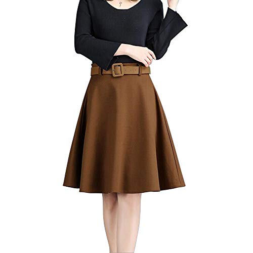 Damen Rock Knielang A-Linie mit Gürtel Herbst Winter (Kamelfarbe, L=Taille 70cm) von keine