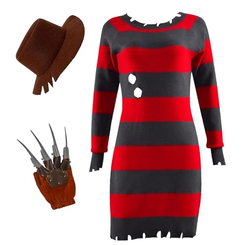 Krüger Kostüm Damen,3 Set Nightmare Rot Grün Gestreifter Pullover Halloween Horror Kostüm mit Handschuh (M) von kejoyoucos