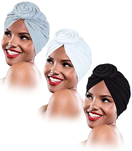keland 3 Stück afrikanisches Muster Frauen Turbans Hüte Blumenknoten Headwrap Vorgebundene Kappe, Schwarzweiß&grau, Einheitsgröße von keland