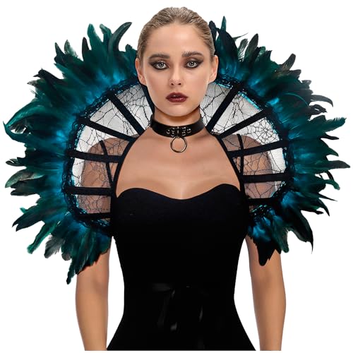 keland Damen Gothic Feder Kragen Umhang Federkragen Viktorianisch Spitzenkragen Halloween Cosplay Accessoire (Saures Blau-1) von keland