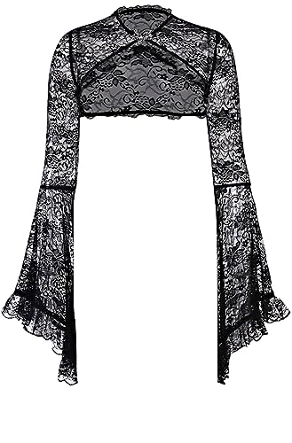 keland Damen Gothic Lolita Spitzenbolero Crop Top Spitze Shrug Strickjacke Goth Lange Ärmel Jäckchen Oberteil (Schwarz, Small) von keland