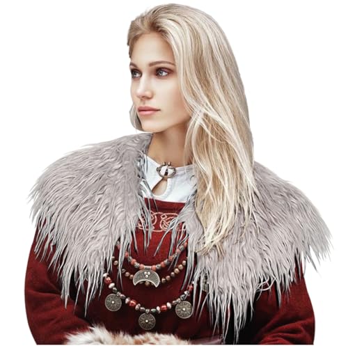 keland Damen Viking Kunstfell Kragen Künstlicher Pelzkragen Pelzschal Faux Kragen Schal Tuch Umhängetuch Bolero (W-Grau) von keland