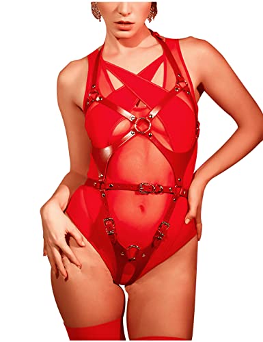 keland Damen Punk Leder Verstellbarer Gürtel Schultergurt Halloween Club Kleidung Sling Dessous Strumpfband Leggings (A-Rot) von keland