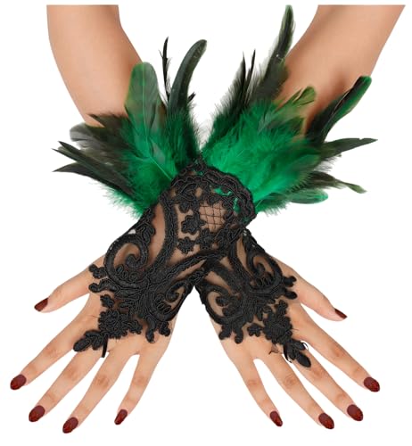 keland Feder Handschuhe Halloween Spitzenhandschuhe Federhandschuhe Maleficent Kostüm Damen (Grün) von keland