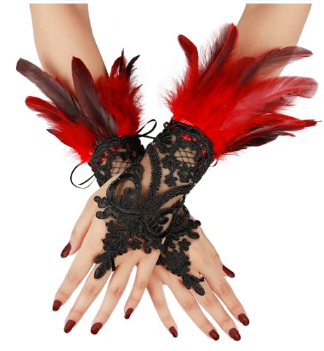 keland Feder Handschuhe Halloween Spitzenhandschuhe Federhandschuhe Maleficent Kostüm Damen (Rot) von keland