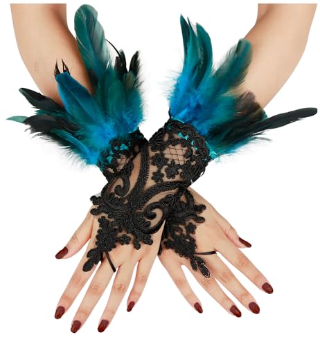 keland Feder Handschuhe Halloween Spitzenhandschuhe Federhandschuhe Maleficent Kostüm Damen (Saures Blau) von keland