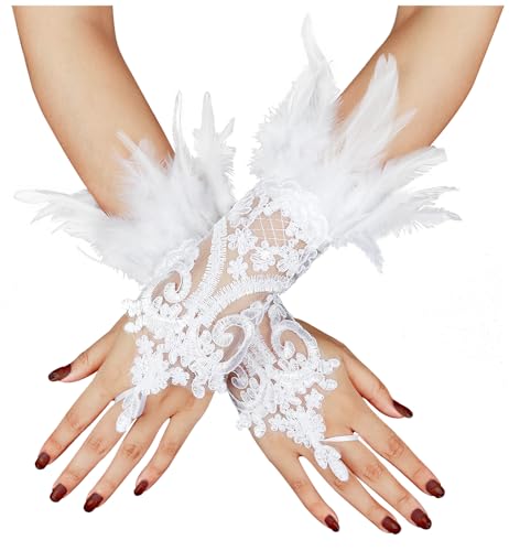 keland Feder Handschuhe Halloween Spitzenhandschuhe Federhandschuhe Maleficent Kostüm Damen (Weiß-1) von keland