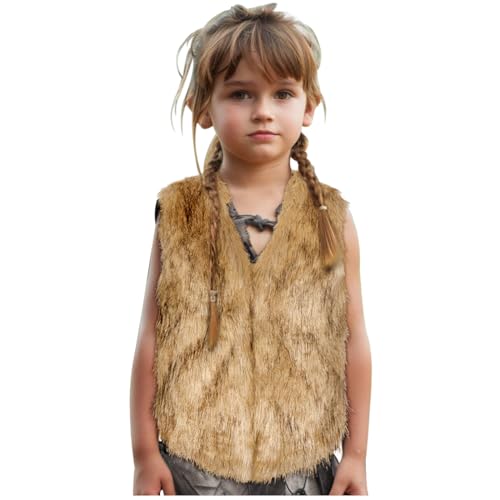 keland Fellweste Kinder Kunstfell Wikinger Fell Ärmellose Weste Mädchen Jungen (Braun, Small) von keland