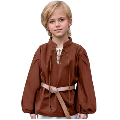 keland Mittelalter Hemd Kinder Renaissance Hemd Jungen Mittelalterhemd Schottischen Jacobiner Oberteil (Braun, 10-12 Jahre) von keland