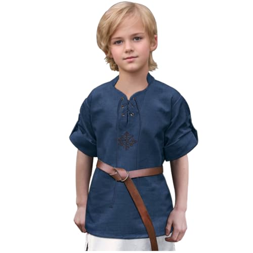 keland Mittelalter Hemd Kinder Renaissance Hemd Jungen Mittelalterhemd Schottischen Jacobiner Oberteil (Z-Blau, 8-10 Jahre) von keland
