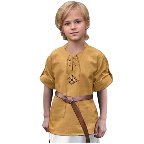 keland Mittelalter Hemd Kinder Renaissance Hemd Jungen Mittelalterhemd Schottischen Jacobiner Oberteil (Z-Gelb, 8-10 Jahre) von keland
