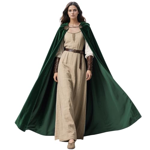 keland Mittelalter Umhang mit Kapuze Kapuzenumhang Cape für Halloween Cosplay mit Wikinger Broschen (Grün) von keland