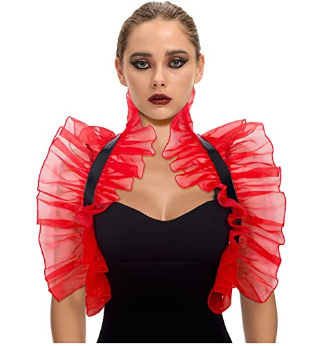 keland Steampunk Gotisch Mesh Leder Schal Poncho Schulter Flügel mit Halsreif Kragen für Damen Herren (Rot) von keland