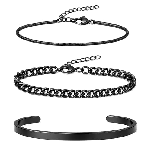 kelav Armband Herren Schwarz Edelstahl,3 Stücke Armbänder Cuban Link Kette Set Stapelbar Dünne Schlangenarmband Komfortables Armkette Geschenke Silberarmbänder für Männer ihn Vater Freund Ehemann kelav Armband Herren Schwarz Edelstahl,3 Stücke Armbänder Cuban Link Kette Set Stapelbar Dünne Schlangenarmband Komfortables Armkette Geschenke Silberarmbänder für Männer ihn Vater Freund Ehemann von kelav
