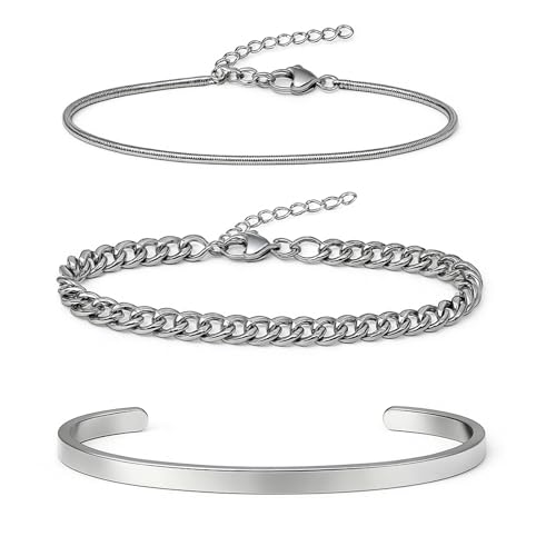 kelav Armband Herren Silber Edelstahl,3 Stücke Armbänder Cuban Link Kette set Stapelbar Dünne Schlangenarmband Komfortables Armkette Geschenke Silberarmbänder für Männer ihn Vater Freund Ehemann von kelav