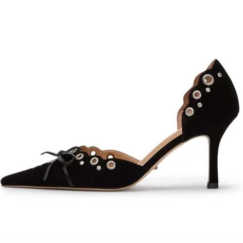 keleimusi Halbhoher Absatz zum Reinschlüpfen mit Nieten und Schleife, Sandalen für Damen, Z-Pumps schwarz, 40.5 EU von keleimusi