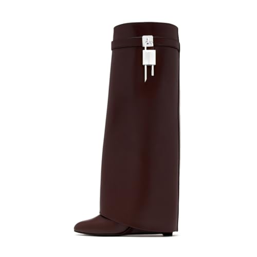 keleimusi Kniehohe Stiefel mit Keilabsatz und Vorhängeschloss in Schwarz, Burgunder, 37.5 EU keleimusi Kniehohe Stiefel mit Keilabsatz und Vorhängeschloss in Schwarz, Burgunder, 37.5 EU von keleimusi
