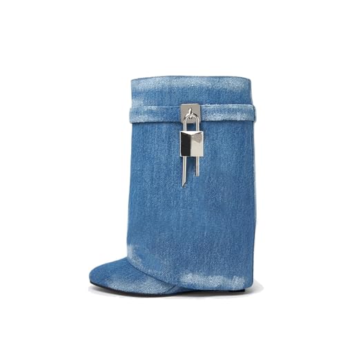 keleimusi Kniehohe Stiefel mit Keilabsatz und Vorhängeschloss in Schwarz, Kurzer Denim, 37.5 EU von keleimusi