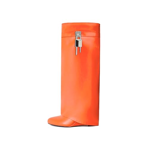 keleimusi Kniehohe Stiefel mit Keilabsatz und Vorhängeschloss in Schwarz, Orange/Abendrot im Zickzackmuster (Sunset Chevron), 36 EU von keleimusi