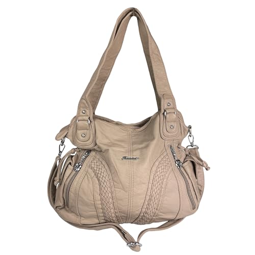 kennydoo Damen Handtasche mit langem Tragegeriemen/Schultertasche für den Alltag/viele Fächer/Reißverschluss/weiches Leder-Imitat 1555-3 (beige) von kennydoo