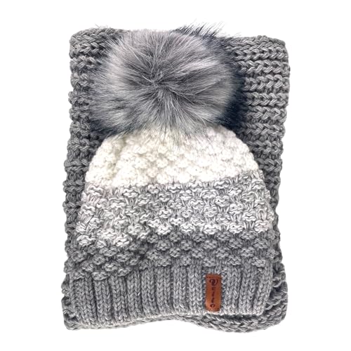 kennydoo Mütze & Schal Set / 2 teilig/Damen Kombi - Beanie mit großem Bommel und Loop/kuschelig gestrickt (grau/natur) von kennydoo