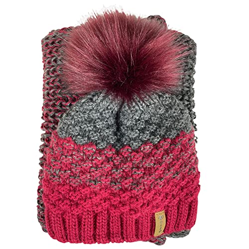 kennydoo Mütze & Schal Set / 2 teilig/Damen Kombi - Beanie mit großem Bommel und Loop/kuschelig gestrickt (rot bordeaux) von kennydoo