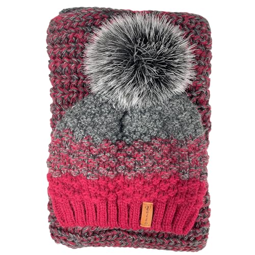 kennydoo Mütze & Schal Set / 2 teilig/Damen Kombi - Beanie mit großem Bommel und Loop/kuschelig gestrickt (rot bordeaux) von kennydoo