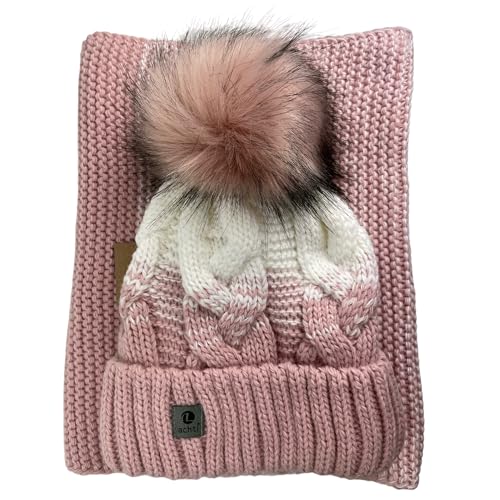 kennydoo Mütze & Schal Set achti I 2 teilig I Damen Kombi - Beanie mit großem Bommel und Loop I kuschelig gestrickt (altrosa/weiß) von kennydoo