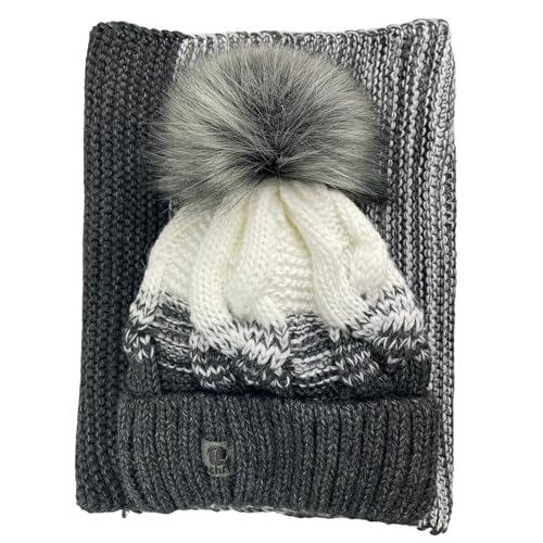 kennydoo Mütze & Schal Set achti I 2 teilig I Damen Kombi - Beanie mit großem Bommel und Loop I kuschelig gestrickt (anthrazit/weiß) von kennydoo