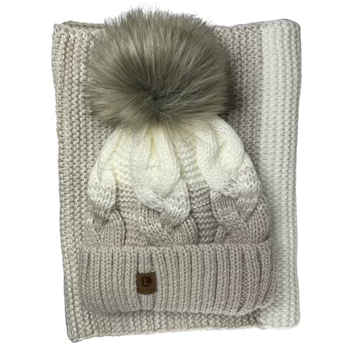 kennydoo Mütze & Schal Set achti I 2 teilig I Damen Kombi - Beanie mit großem Bommel und Loop I kuschelig gestrickt (beige/natur) von kennydoo