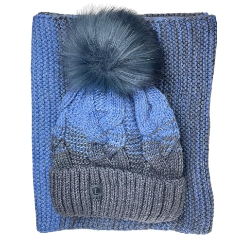 kennydoo Mütze & Schal Set achti I 2 teilig I Damen Kombi - Beanie mit großem Bommel und Loop I kuschelig gestrickt (blau/grau) von kennydoo