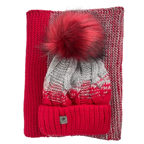 kennydoo Mütze & Schal Set achti I 2 teilig I Damen Kombi - Beanie mit großem Bommel und Loop I kuschelig gestrickt (rot/grau) von kennydoo