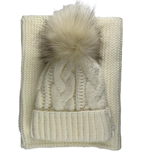 kennydoo Mütze & Schal Set achti I 2 teilig I Damen Kombi - Beanie mit großem Bommel und Loop I kuschelig gestrickt (wollweiß uni) von kennydoo