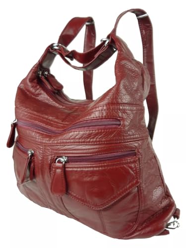 kennydoo Rucksacktasche I 2in1 Damen Rucksack und Handtasche in Einem I Schultertasche einfarbig uni und batik I Damen-Tasche sportlich & leger (AK3435 wine) von kennydoo
