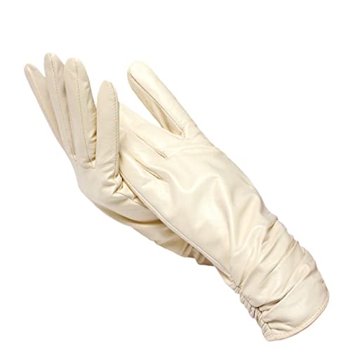 Klassische Plissee-Lederhandschuhe für Damen, Winter, Echtleder, Schaffell-Handschuhe, beige, 6.5 von keusyoi