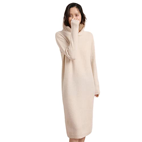 Damen Langarm Strickkleider 100% Kaschmir Pullover Lange Kleider Damen Solid Kapuzenpullover Mode Kleider, beige, Medium von keusyoi