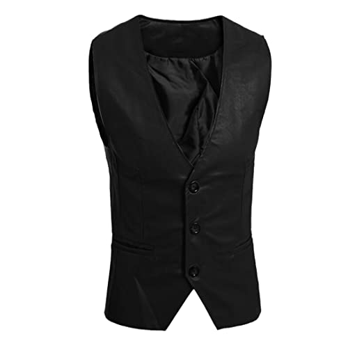 Herren Business Kleid Leder Weste Slim Fit Ärmellos Lederjacke Club Weste, Schwarz , XS von keusyoi