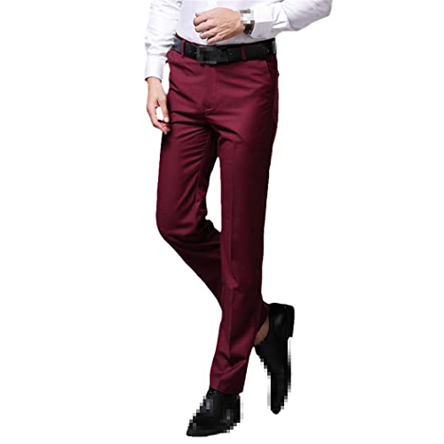 Herren Slim Fit Gerade Kleid Hose Flache Vorderseite Freizeithose Männlich Business Formal Hose Herren Hochzeit Hose, weinrot, Bundweite: 79 cm von keusyoi